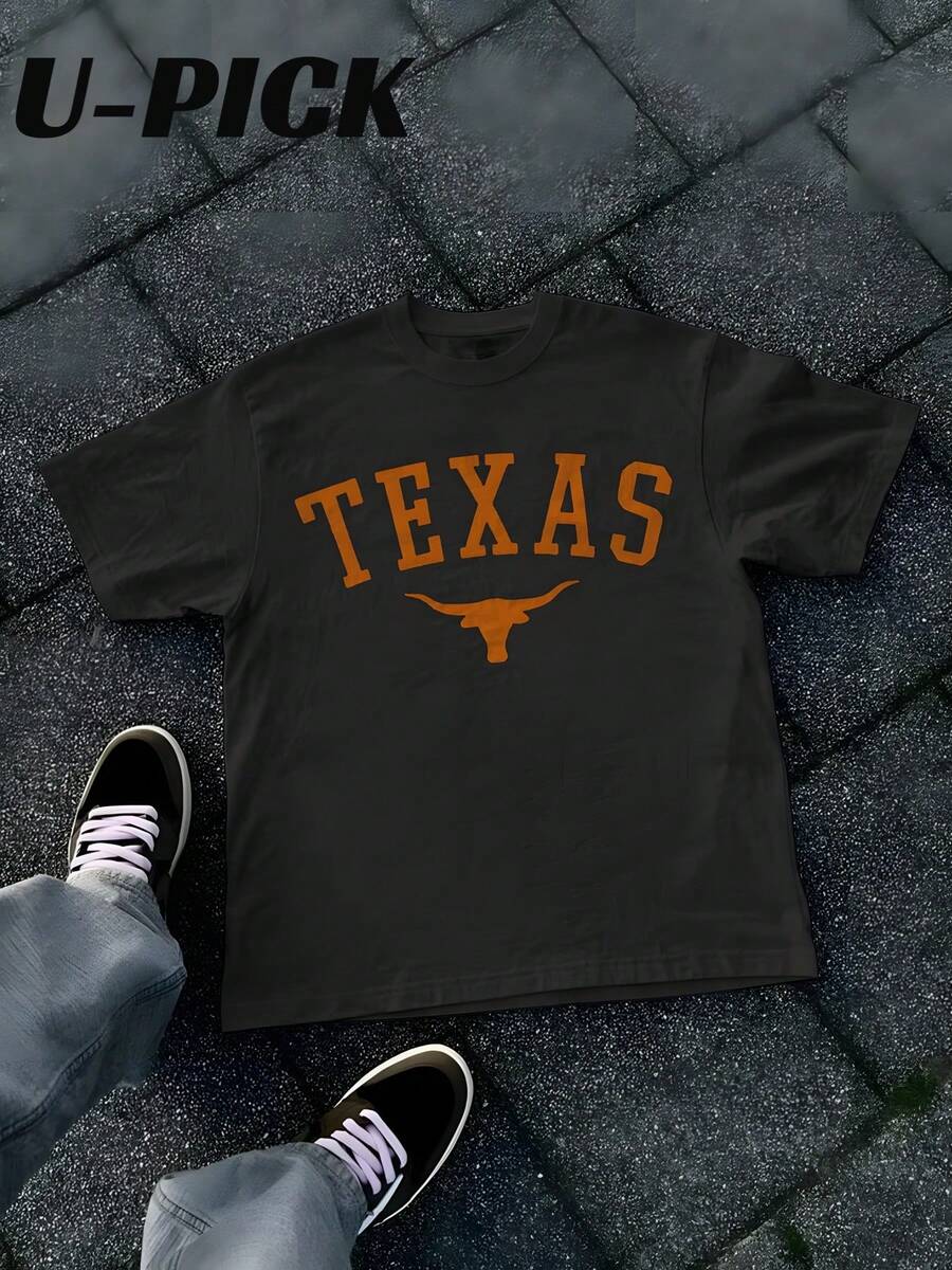 U-PICK -Texas Longhorn Tee | U-PICK Vintage College Streetwear T-Shirt | Burnt Orange State Pride Top- Men's Pure Cotton Round Neck Casual Short Sleeve Tshirt , Can Be Used As A Gift - 黑色 - 查看 1