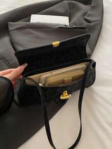 Bolso de hombro cruzado con solapa y decoración de piel sintética con efecto aceitoso, estilo retro, adecuado para citas, salidas y fiestas, bolso vintage con estampado de leopardo - Negro - Ver 4