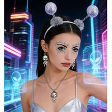 Alien Costume Set Includes Alien Disco Headband, Earrings, Necklace, Face Stickers, Suitable For Space Party, Role Play, Halloween, Music Festival - Silver - View 7