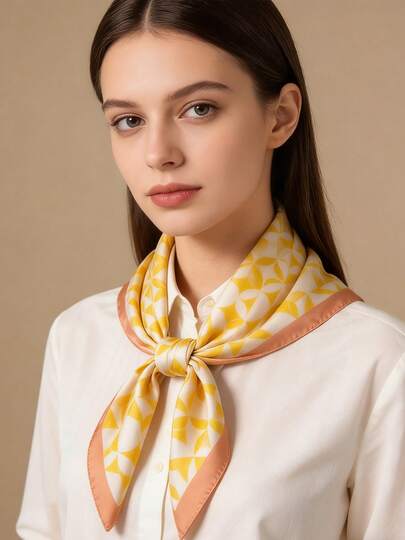 1pc 65*65cm Square Scarf, Women's Satin Silk Imitation Geometric Circle Print, Versatile Neckerchief Headband Shawl