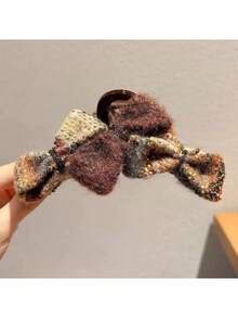 1个复古蝴蝶结羊毛发爪夹，优雅发爪夹，适合盘发、夏季沙滩发型的发饰夹子 - 棕色 - 查看 2