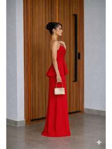 Luxury Strapless Dress In Structured Crepe - Perfect For Bridesmaids And Gala Events - Red - View 3