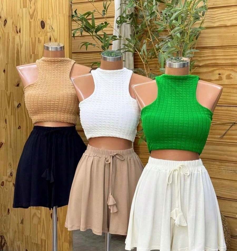 Set Of 3 Lightweight Viscose/Lycra Flared Shorts - Beige - View 1