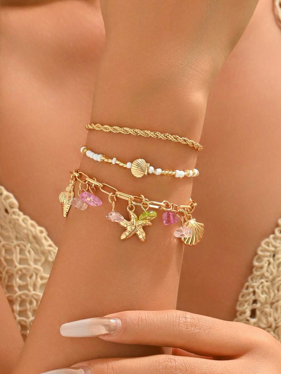 Bộ 3 vòng tay hạt cườm phong cách Bohemian, dây kim loại hợp kim hình sao biển với mặt dây chuyền đá màu sắc cho nữ, thích hợp để đeo hàng ngày, đi nghỉ mát, hẹn hò. Hình dạng, kích thước và màu sắc của các viên đá được chọn ngẫu nhiên. - nhiều màu - Xem 1