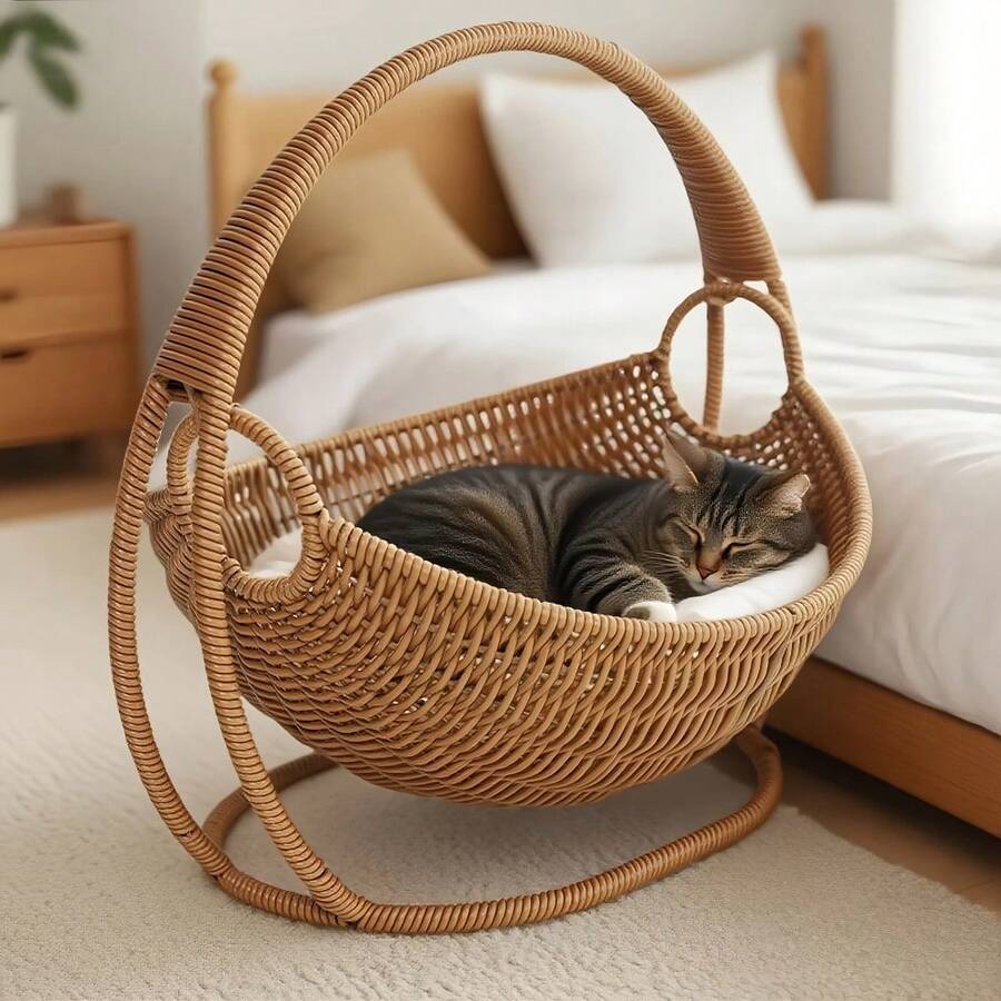 1 件装大型手工编织家用猫吊床,易于组装,手工编织猫篮床,猫秋千床,猫睡床,舒适的室内宠物床,时尚家居装饰,带支架的吊床,适合猫、狗和其他小型宠物 - 均碼 - 查看 1