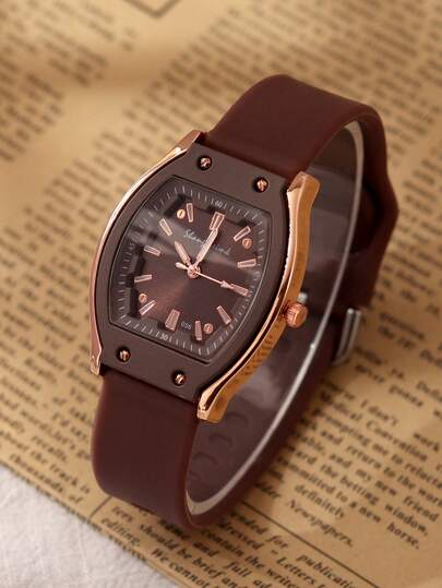 1pc Vintage Barrel-Shaped Rose Gold Wristwatch, Silicone Strap Fashion Casual Ladies Quartz Watch, Decorative Elegant Gift For Women