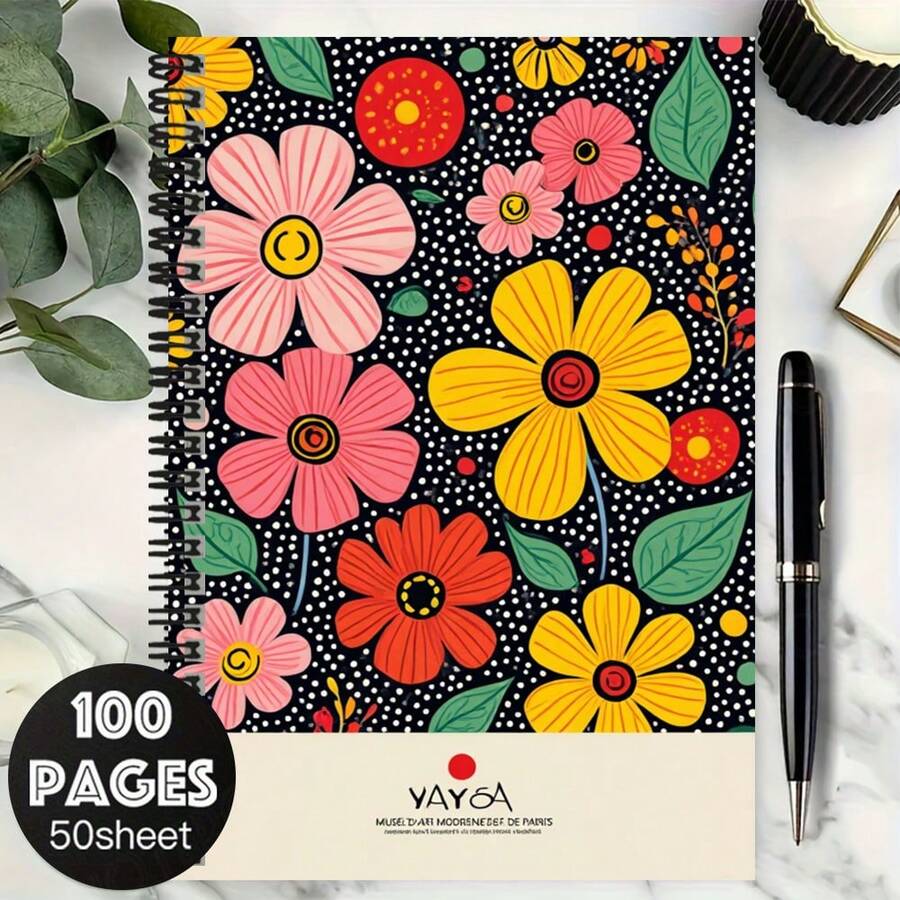 100-Page Vintage Polka Dot Floral Spiral Notebook, Large Capacity. Vibrant, Colorful Cover With Elegant Flower Pattern, Suitable For Work Records, Study Notes, School Memos, And Makes A Thoughtful Graduation Or Birthday Gift. Can Be Used For Journaling, Daily Planning, And Memo-Taking To Record Your Wonderful Everyday Life. - J - View 1