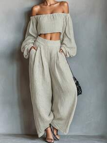 Ladies' Spring And Summer High-End Minimalist Niche Design Off Shoulder Long Sleeved Shirt With Wide Leg Pants Set - Women's 2-Piece Set, Commuting Fashion, Comfortable Leisure, Elegant Youth - 淺灰色 - 查看 3