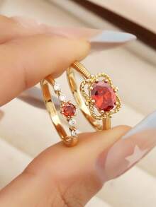 2件套红色锆石时尚戒指套装，优雅个性戒指套装，适合女士日常佩戴 - 金色 - 查看 5