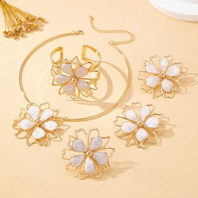 Women's Jewelry Set, 3D Hollow White Flower Earrings, Necklace, Bracelet, Ring Set, Suitable For Daily Wear And Gift
