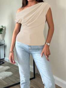 Atasan Crop Satu Bahu Elegan, Basic Kasual, Unik, dan Menawan untuk Ukuran Plus, Blus Bahu Asimetris Seksi Pas Badan untuk Musim Panas - Aprikot - View 3