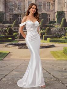 HEARBOBO 夏季白色露肩美人鱼婚纱，露肩设计，露背腰身，新娘礼服，情人节 - 白色 - 查看 7