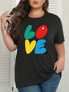 Ropa de talla grande para mujer, camiseta holgada con estampado "LOVE" - negra con letras llamativas de colores (L verde, O naranja, V roja, E azul), tela suave de mezcla de poliéster, cuello redondo, manga corta, estilo casual de verano, lavable a máquina, cómoda para el uso diario, adecuada para primavera y verano, estilo de fin de semana, camiseta a la moda, material duradero, camiseta ligera, "camiseta con estampado de amor", camiseta personalizada, para adulto. - Negro - Ver 3