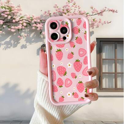 1pc Fashionable Pink Thick Shockproof Protective Phone Case With White Rose Flower Pattern, Suitable For IPhone/ Galaxy/////HONOR/, Stylish And Minimalist Design For Fashion Enthusiasts