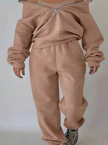 Women's Oversized Half Zip Tracksuit High Neck Loose Fit Sweatshirt And Wide Leg Pants Set Women's Casual Oversized 2 Piece Tracksuit Half Zip High Neck Sweatshirt And Wide Leg Pants Loungewear Cozy Must-Have! Women's Oversized Half Zip Tracksuit High Neck Loose Fit Sweatshirt & Pants Stylish & Comfortable: Women's Oversized 2 Piece Half Zip Tracksuit High Neck Sweatshirt Outfit - 棕色 - 查看 2