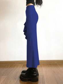 炫彩纯色紧身高腰开衩迷你裙 - 藍色 - 查看 7