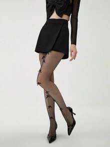 1双蝴蝶结渔网袜，黑色竖条纹，超薄连裤袜，百搭且适合所有人 - 彩色 - 查看 4