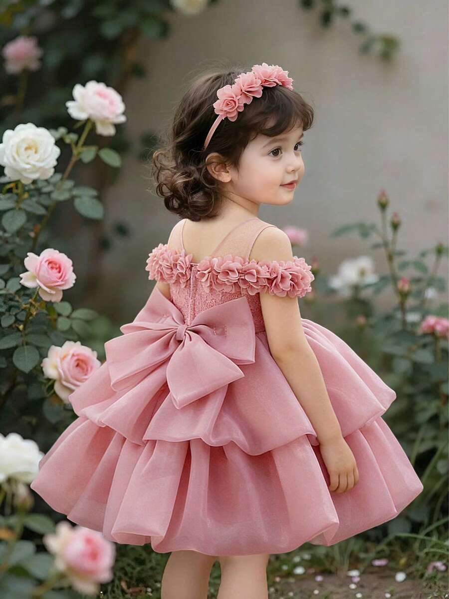 Baby Girls Sleeveless Lace Ruffled Back Bow Organza Cute Puff Flower Girl Dress, Suitable For Wedding, Birthday Party, Outing - Dusty Pink - View 1