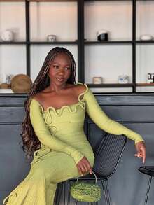 Green Birthday Dresses For Women Pluasize Spring And Summer Pleated Square Neck Long Sleeved Slim Fit Long Dress Long Sleeved Bodycon Dress Vacation Outfits Festival Outfit Coachella Fashion Mother Daughter Matching Outfits Vacation Outfits - màu xanh ô liu - Xem 4
