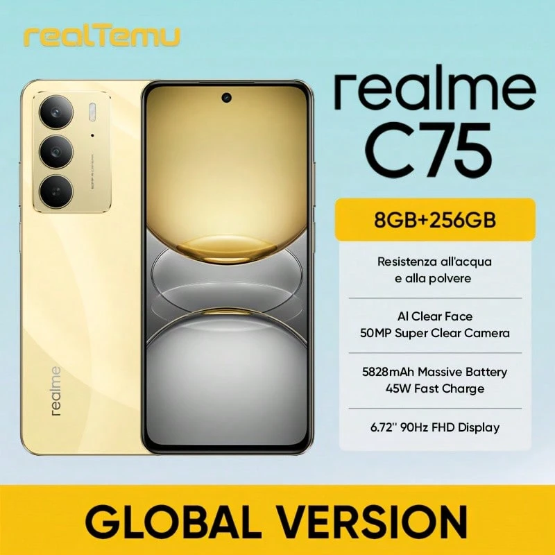 Realme C75, Samrtphone Global Version, 8GB+128GB, 5828mAh Massive Battery, Andriod 14 Smartphone, 50MP Camera AI Smart Experience, 6.72'' 90Hz FHD Display