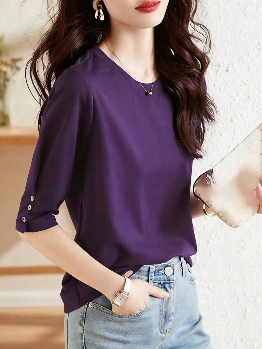 纽扣设计休闲中袖上衣，新款夏季时尚百搭圆领半袖T恤，女士修身款 - 紫色 - 查看 1