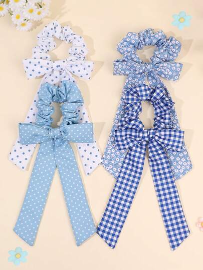 4PCS Polka Dot Hair Scrunchie For Girls Blue&White Grid Hair Tie With Long Tail Nature Style Flower Print Elastic Hair Ties For Spring Holiday And Casual Daily Wear