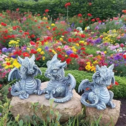 3 قطع من تماثيل ديكور الحديقة ذات نمط تنين رمادي، بطراز حديث وخيالي، مصنوعة من مادة الراتنج، بشكل نحت ثلاثي الأبعاد مع تفاصيل الأجنحة والحراشف، تمثال فني للحديقة، مناسب لترتيب حديقة الربيع، ديكور حفلات خارجية ومشاهد الحديقة طوال العام