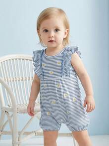 Infant Baby Girls Rompers Daisy Embroidery Stripe Crew Neck Ruffles Fly Sleeve Waffle Infant Bodysuits Jumpsuits - Azul - Ver 2