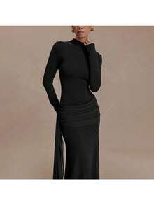 Spring And Summer New High-End Women's Clothing Celebrity Style Solid Color Turtleneck Long-Sleeved Streamer Pleated Hip-Wrapped Temperament Dress Skirt - Black - View 4