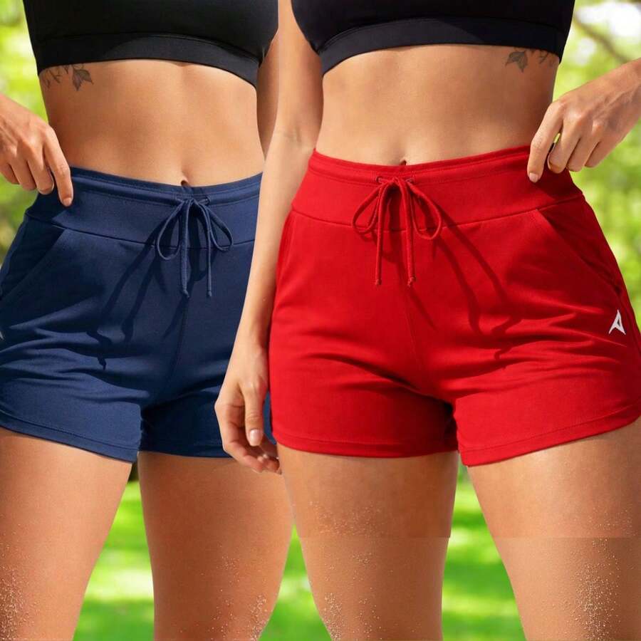 Acqua Bronze Set Of 2 Women's Adjustable Drawstring Shorts With Pockets, Versatile, Sporty, Double Waistband, Simple, Casual - 海軍藍/紅色 - 查看 1
