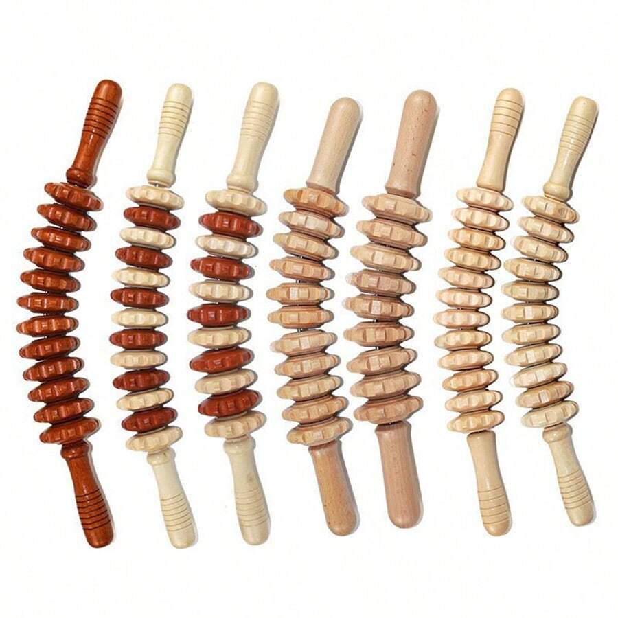 1pc Wooden Massage Roller, 9-Wheel Or 12-Wheel Wooden Massage Tool For Legs And Back, Curved Handle Massage - View 1