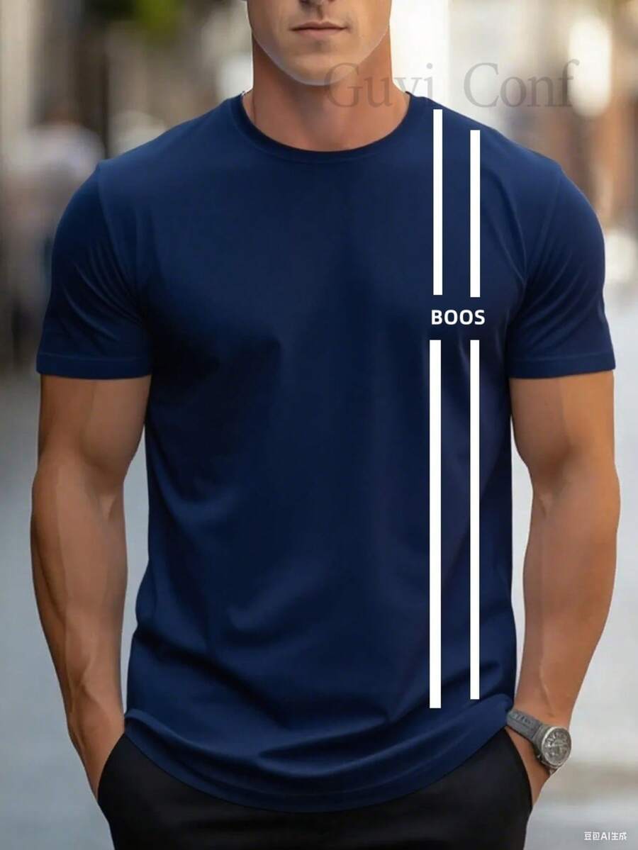 Men's Short-Sleeved Crew Neck Striped T-Shirt BOOS - 藍色 - 查看 1