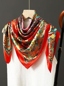 1条90厘米女士奢华印花围巾，时尚休闲涤纶领巾，百搭季节性配饰 - 紅色 - 查看 20