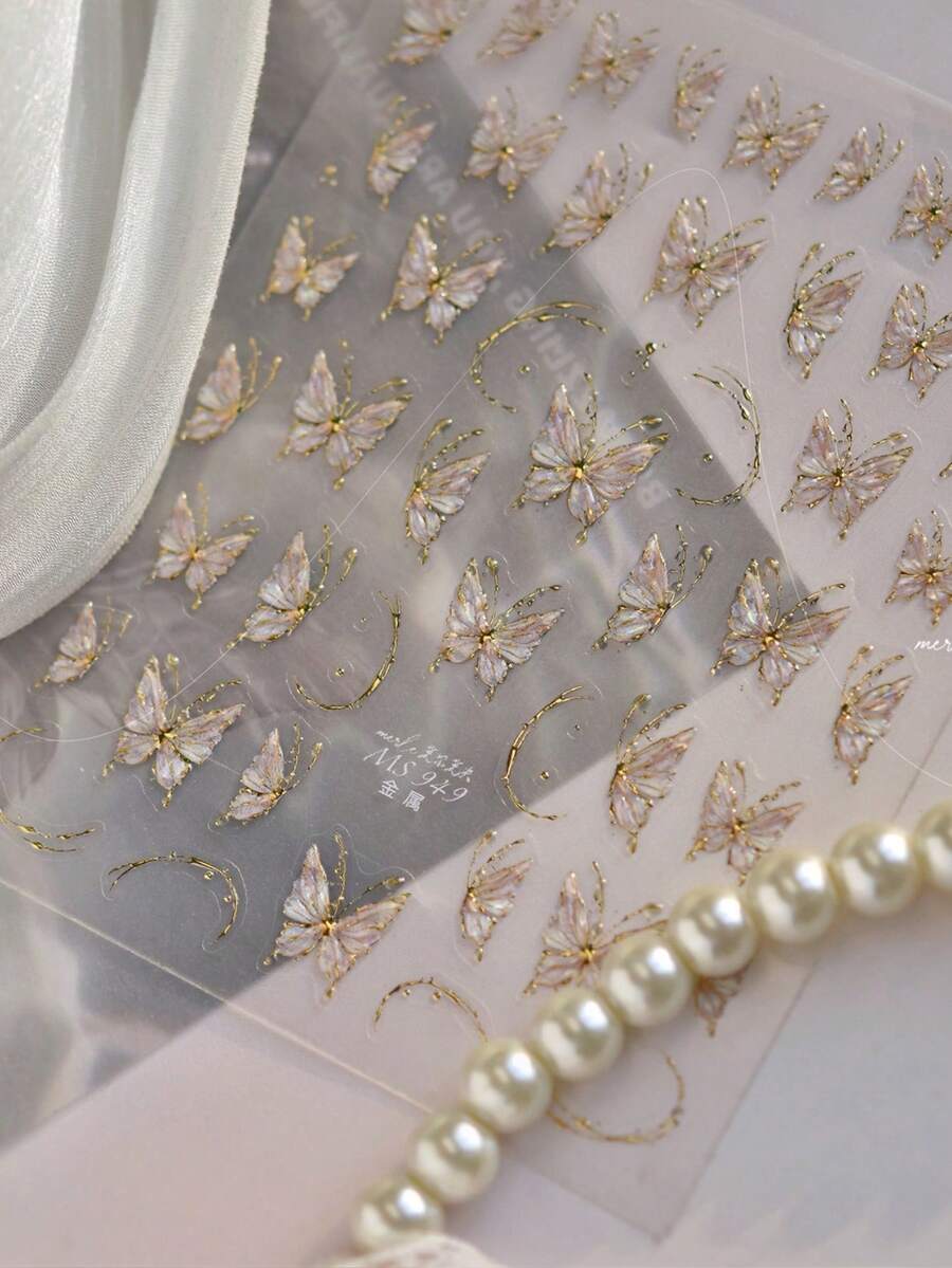 1个闪亮果冻蝴蝶迷人金色渐变蝴蝶结5D自粘美甲贴纸花瓣美甲贴纸 - 彩色 - 查看 1