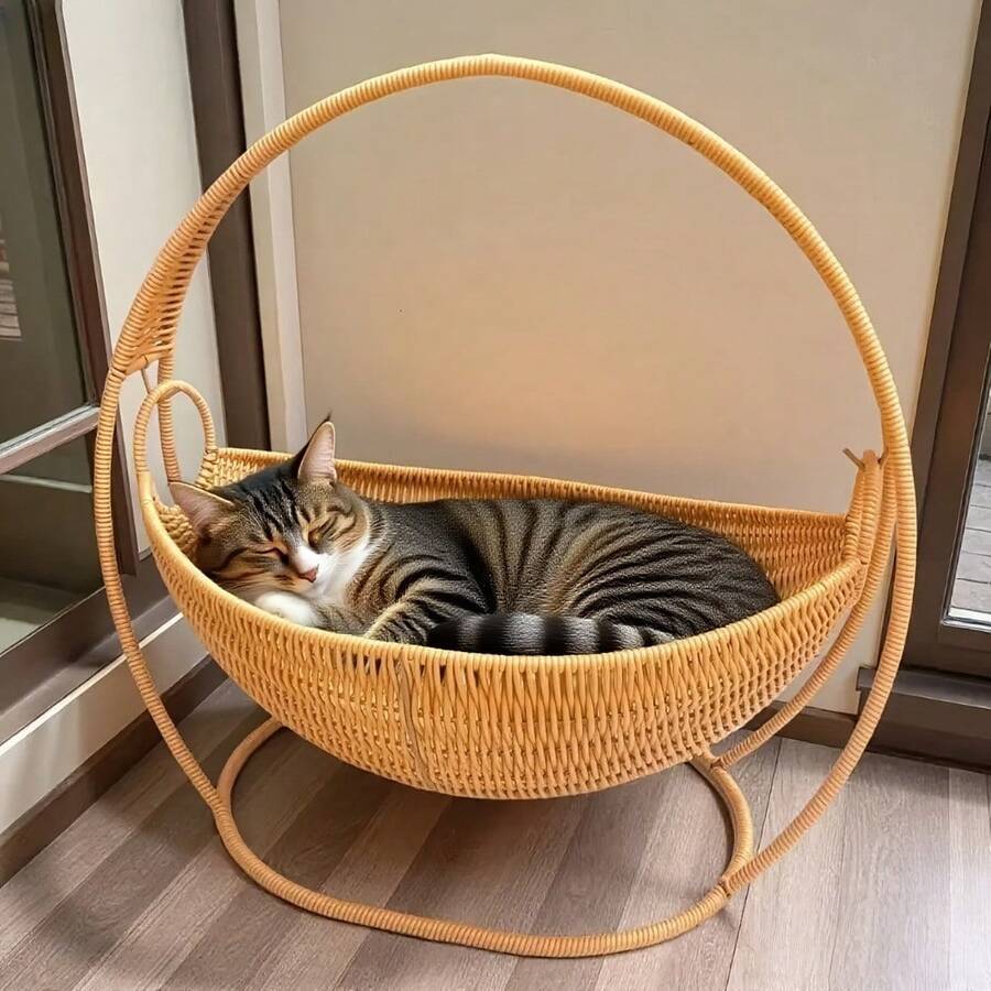 1 件装大型手工编织家用猫吊床,易于组装,手工编织猫篮床,猫秋千床,猫睡床,舒适的室内宠物床,时尚家居装饰,带支架的吊床,适合猫、狗和其他小型宠物 - 均碼 - 查看 1