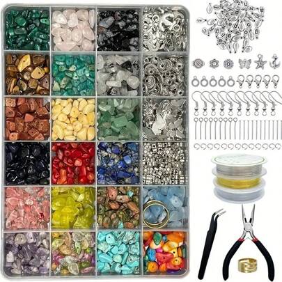 Hộp đựng 24 ô hạt đá tự nhiên không đều, khoảng 1050 hạt, phụ kiện làm trang sức DIY, kèm dụng cụ để làm khuyên tai, vòng tay.