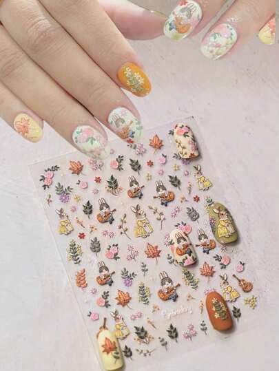 1pc Cute Pastoral Rabbit Nail Stickers, 5D Embossed Self-Adhesive Guitar Bunny & Floral Nail Art Decals, Suitable For Nail Design, DIY Nails