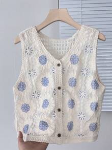 蕾丝镂空吊带背心，宽肩带无袖上衣，女士夏季外套，新款小众风格 - 淺藍色 - 查看 1