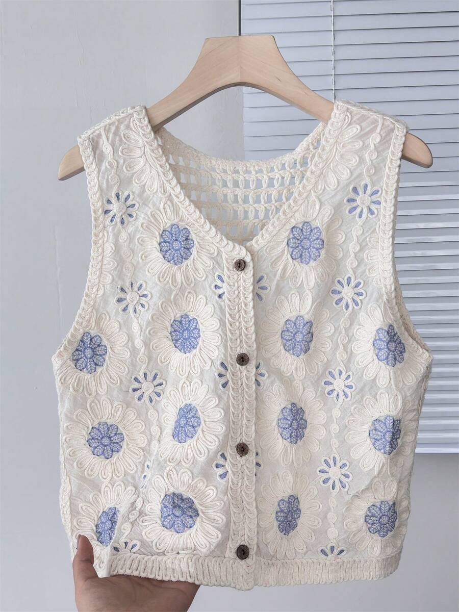 蕾丝镂空吊带背心，宽肩带无袖上衣，女士夏季外套，新款小众风格 - 淺藍色 - 查看 1