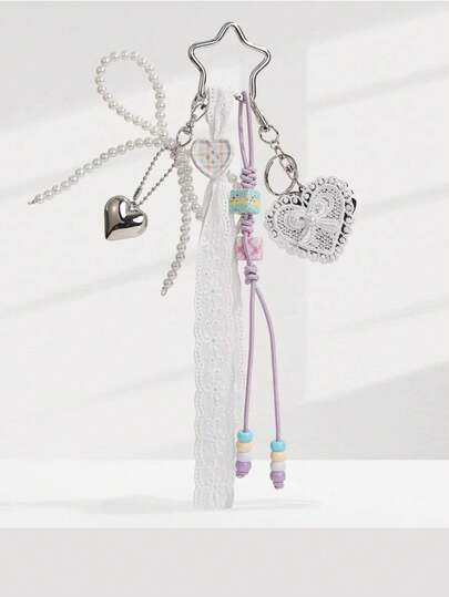 New Summer Lace Heart Shaped Mirror Beaded Rope Keychain Bag Charm, Delicate High-End Accessory For Women