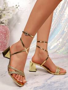 时尚露趾编织带女士高跟凉鞋，夏季百搭交叉搭扣粗跟金色女士凉鞋 - 金色 - 查看 5