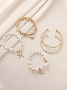Bộ 5 vòng tay và lắc tay kiểu Bohemian đính hạt ngọc trai giả CCB hình sao biển và sứa, thích hợp cho nữ mặc hàng ngày, hẹn hò, đi nghỉ mát, dự tiệc và đi biển. - Nhiều màu - Xem 6