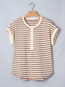 Áo thun thường ngày kẻ sọc cổ Henley, cài cúc, vạt cong - Màu Khaki - Xem 6