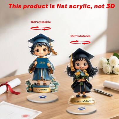 1/2pcs360° Rotating Acrylic Graduation Ornament With Bouquet And"Congratulations"Sign.Suitable For Desks,Bookshelves, Bedrooms