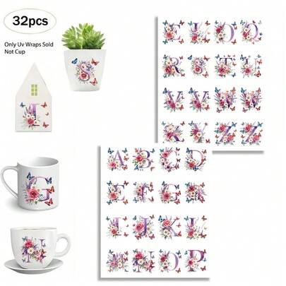 Bộ 32 chữ cái in hoa mùa xuân A-Z, giấy chuyển nhiệt UV DTF, giấy dán chữ cái trang trí ly, cốc, chai, gỗ, nhựa, thủy tinh, kim loại, gốm sứ, phù hợp với ly 16 oz, cốc, đồ thủ công. Món quà hoàn hảo cho phụ nữ, bạn thân.