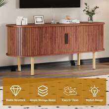 47 "Medio siglo moderno armario buffet lateral - gabinete de almacenamiento de puerta deslizante de roble para cocina, sala de estar y entrada - Mango negro - Ver 4