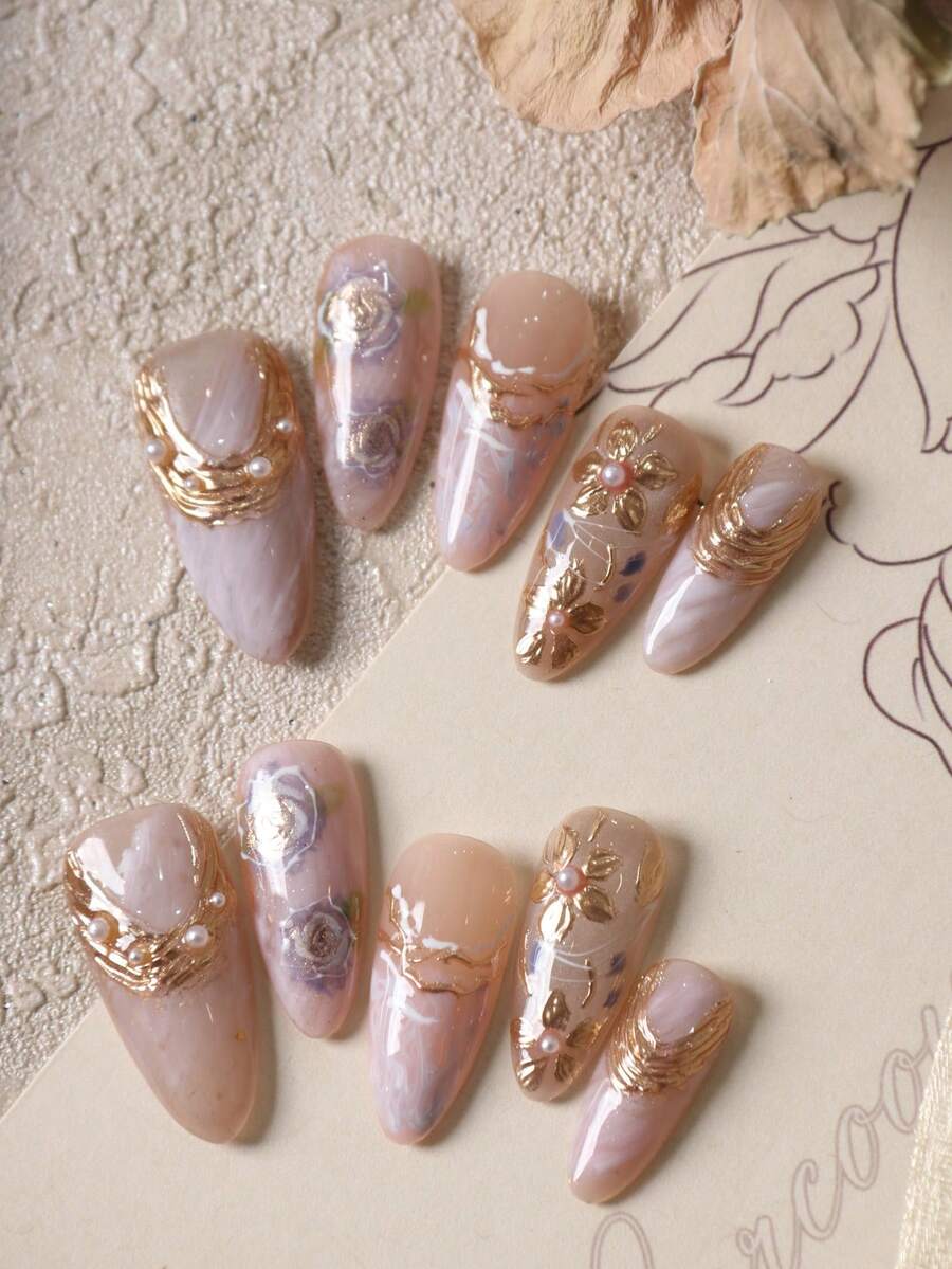 10片装美甲贴片，长杏仁形紫色；金色花朵光晕美甲，假指甲，人造指甲套装，包含1张粘性贴纸和1个迷你指甲锉。 - 彩色 - 查看 1