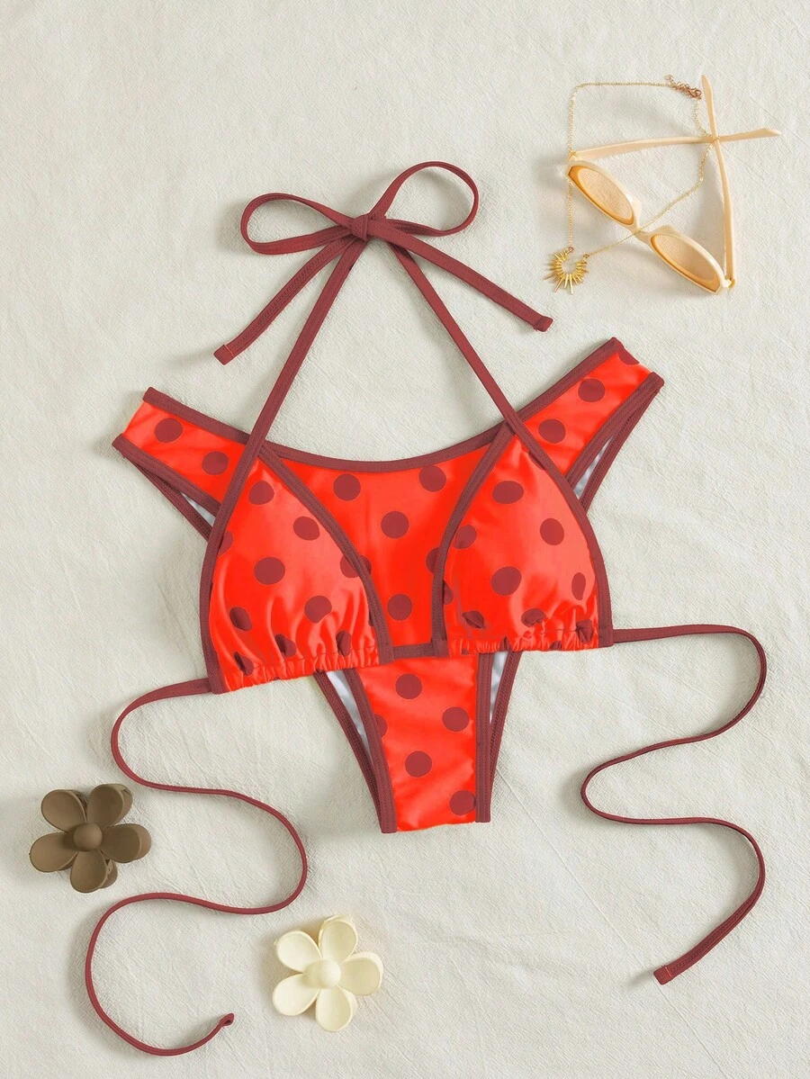 PEPPERMOLLY Set de 2 piezas Bikini sexy y de moda en negro y blanco, ropa de playa de verano para vacaciones - rojo anaranjado - Ver 1