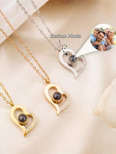 1pc Customized Colorful Photo Studded Heart Projection Necklace - Stainless Steel Photo Projection Personalized Studded Heart Pendant Necklace - Memorial Photo Studded Heart Necklace - Valentine's Day Customized Gift - Customized Photo - Customized Necklace - Her Gift - Gift For Girlfriend - Gift For Her Photo - Gift For Her Necklace