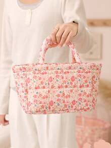 Pink Multi-Size Storage Basket Storage Basket, Desktop Sundries Storage Basket, Quilted Floral Storage Basket Laundry Basket Floral Clothing Storage Basket Large Capacity Laundry Basket Storage Bag Foldable Snack Basket With Handle Skincare Tool Storage Basket Toy Storage Basket Empty Basket Storage Bag - Pink - View 8